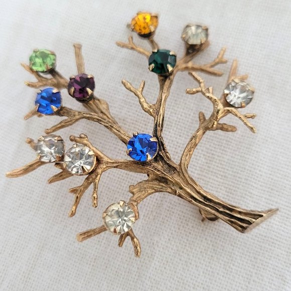 Sterling Gold Vermeil Tree of Life Brooch Pin Crystal Accents Vintage 1960s - Picture 3 of 10